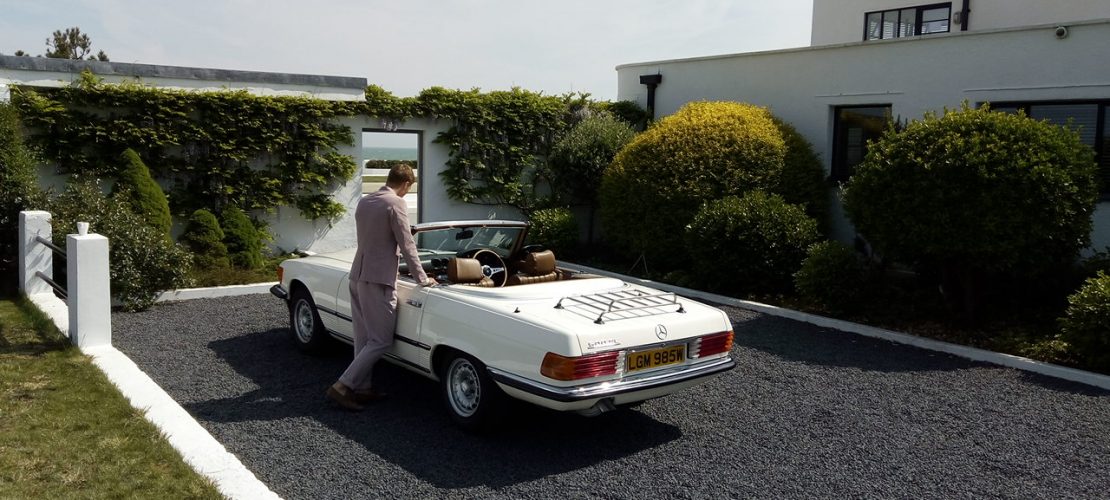 Fashion Shoot featuring Mercedes R107 500 SL which has been subject to a full restoration by Airfield Classic Cars