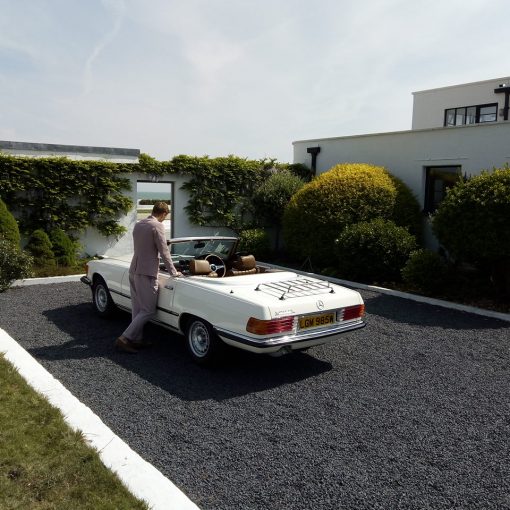 Fashion Shoot featuring Mercedes R107 500 SL which has been subject to a full restoration by Airfield Classic Cars