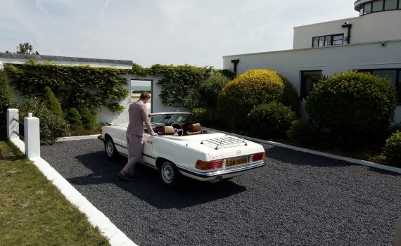 Fashion Shoot featuring Mercedes R107 500 SL which has been subject to a full restoration by Airfield Classic Cars